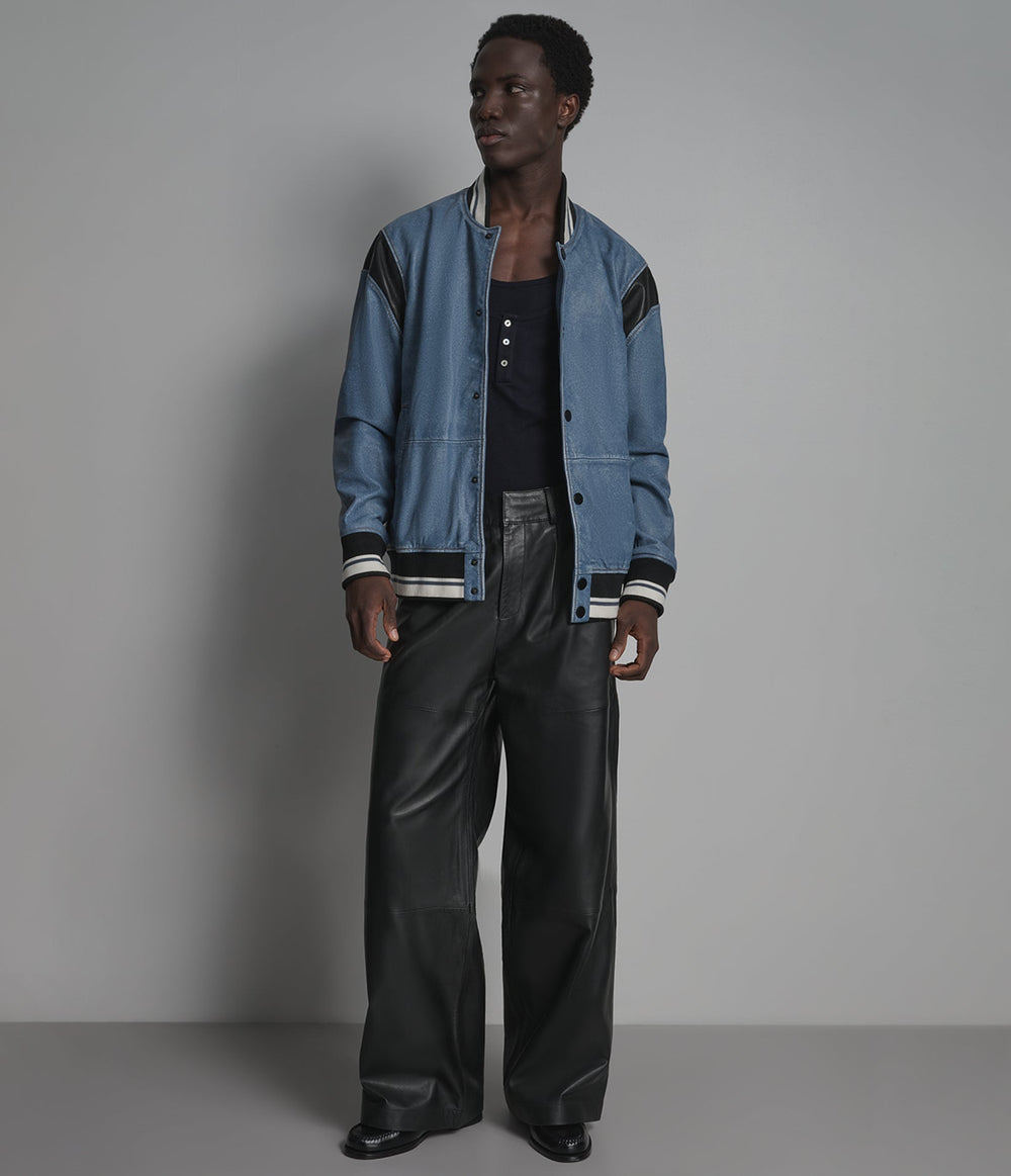 Ashford blue leather varsity jacket, front view — OX & ARMOUR