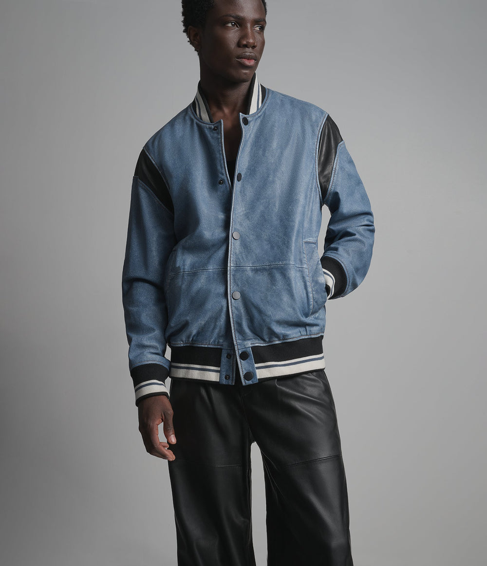 Ashford blue leather varsity jacket, detail view — OX & ARMOUR