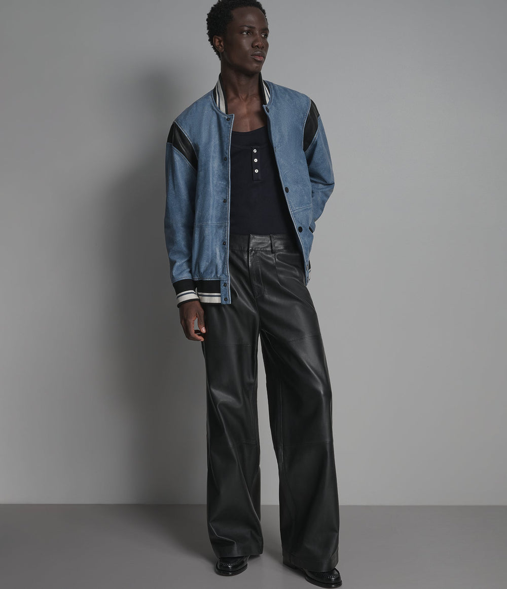Ashford blue leather varsity jacket, detail view — OX & ARMOUR
