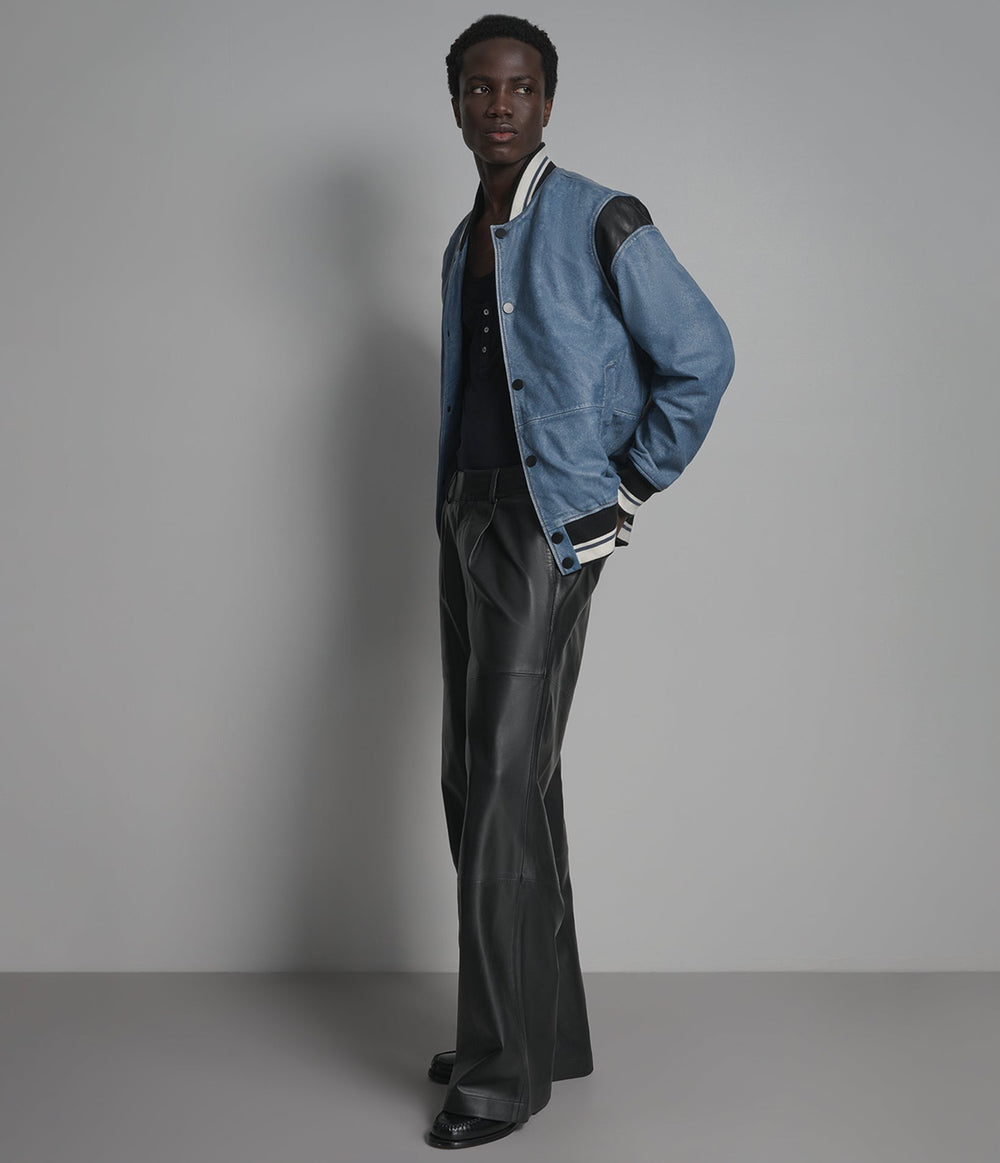 Ashford blue leather varsity jacket, detail view — OX & ARMOUR