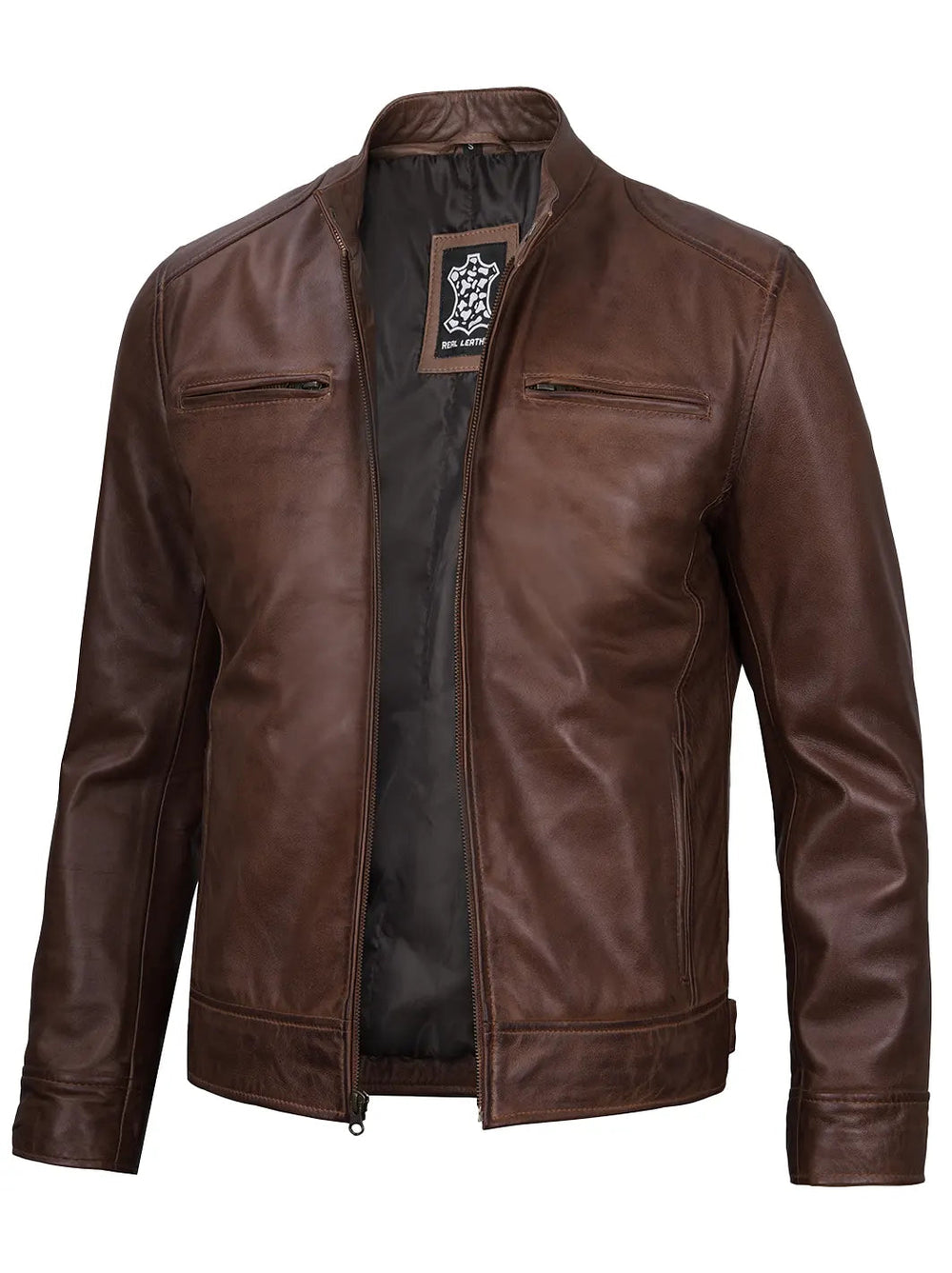 Beckett cognac leather cafe racer jacket, detail view — OX & ARMOR