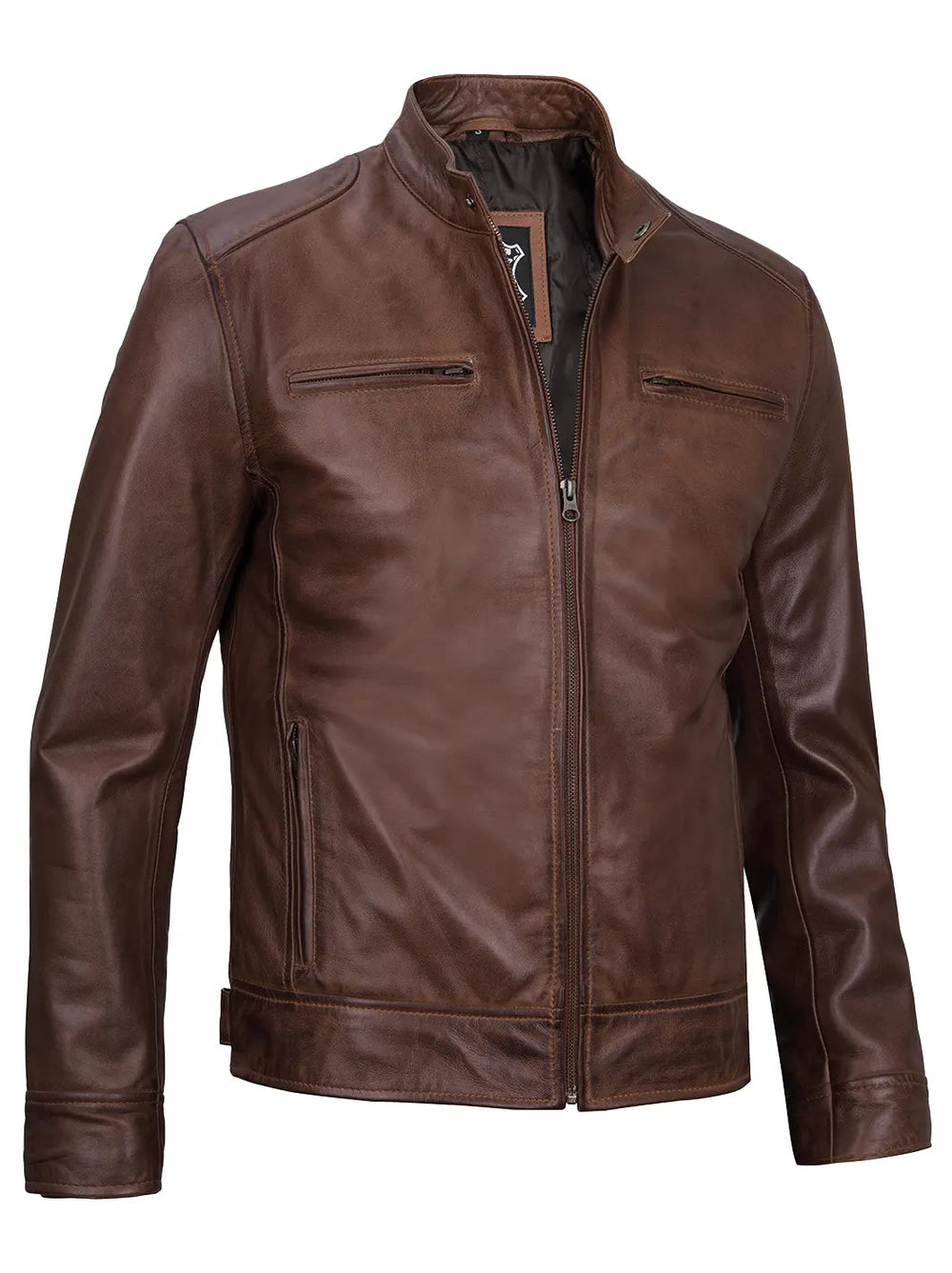 Beckett cognac leather cafe racer jacket, side view — OX & ARMOR