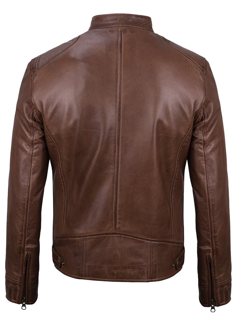 Beckett cognac leather cafe racer jacket, back view — OX & ARMOR