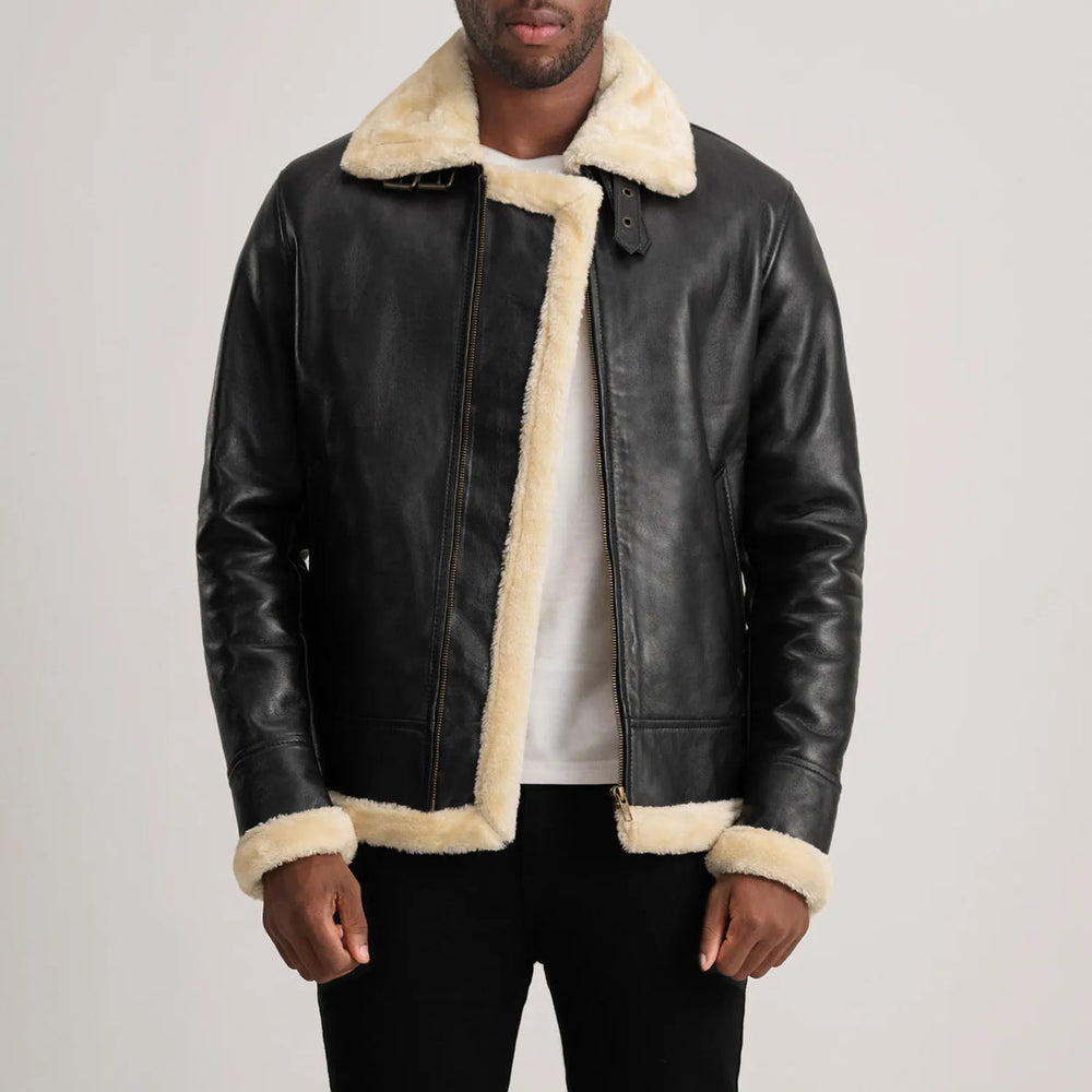 Bennett black and cream leather aviator jacket, front view — OX & ARMOR