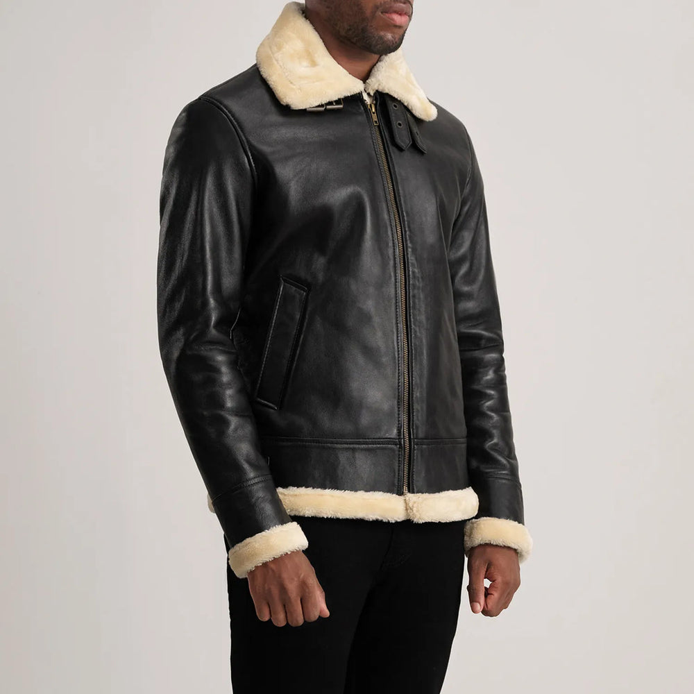 Bennett black and cream leather aviator jacket, side view — OX & ARMOR