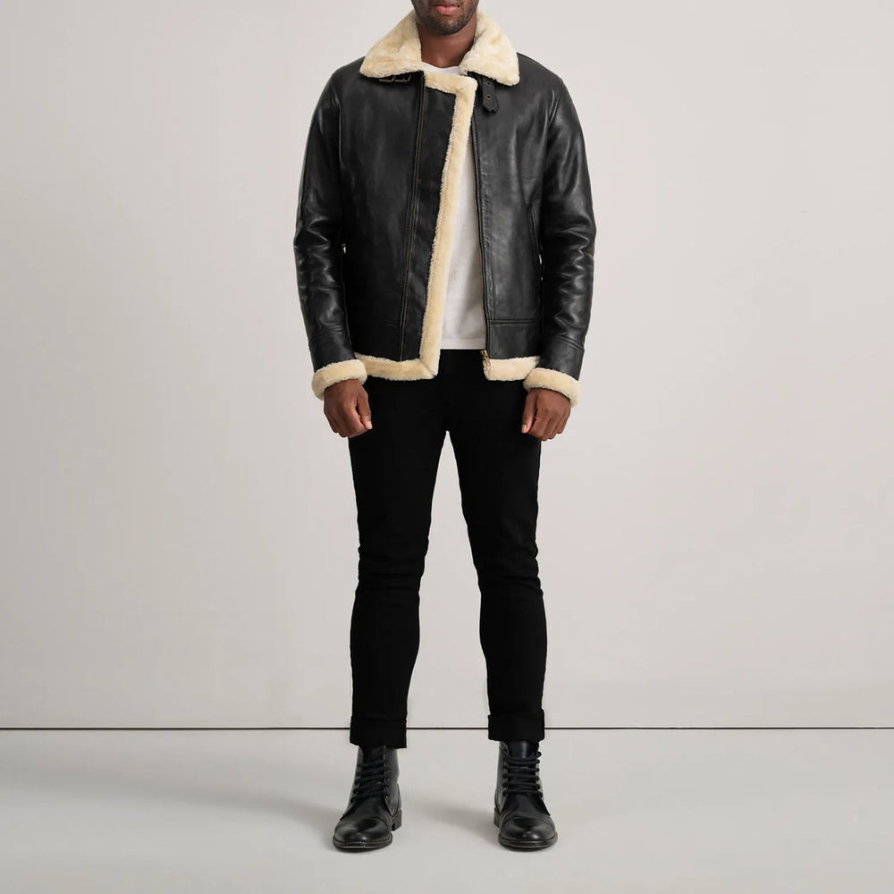 Bennett black and cream leather aviator jacket, full length — OX & ARMOR