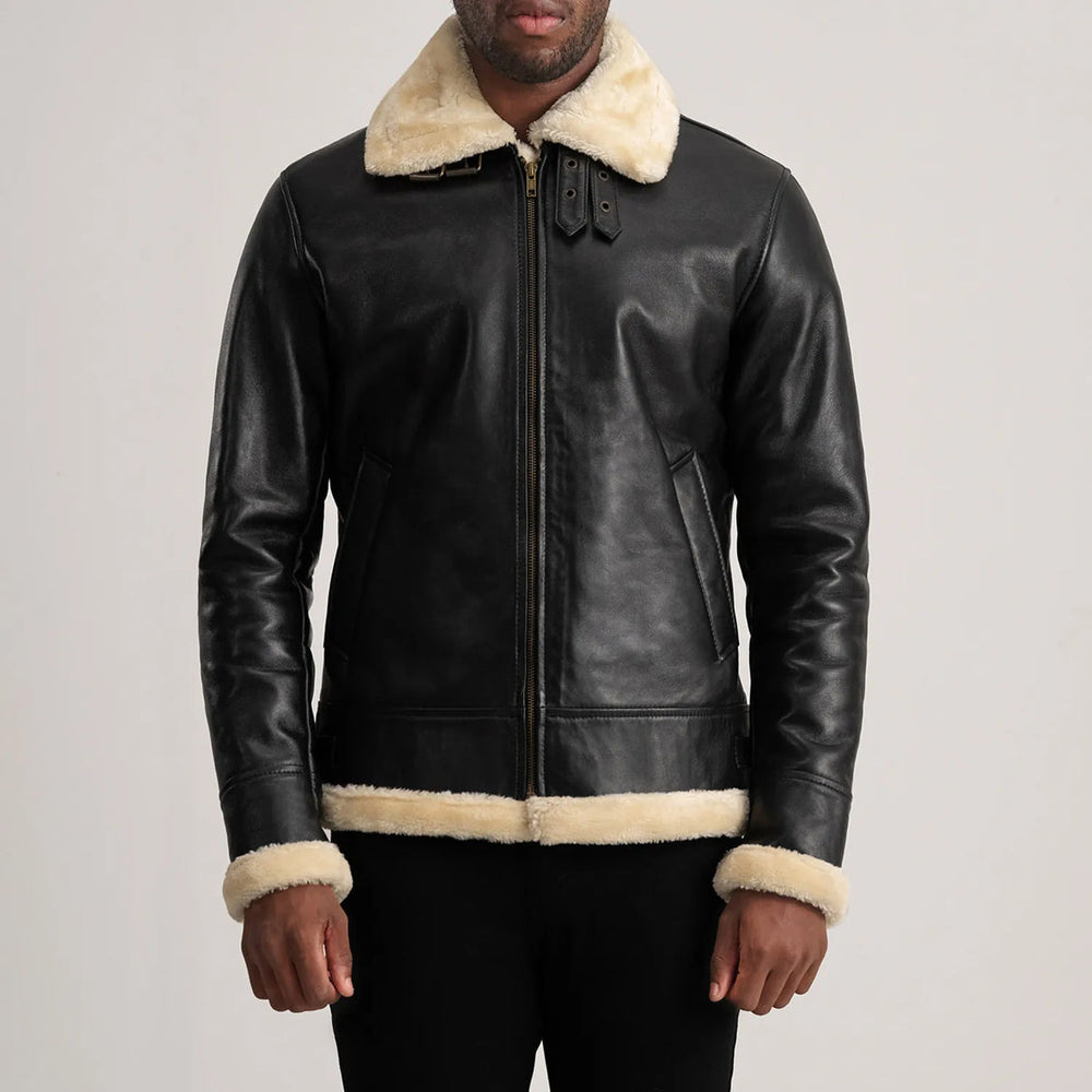 Bennett black and cream leather aviator jacket, front detail — OX & ARMOR