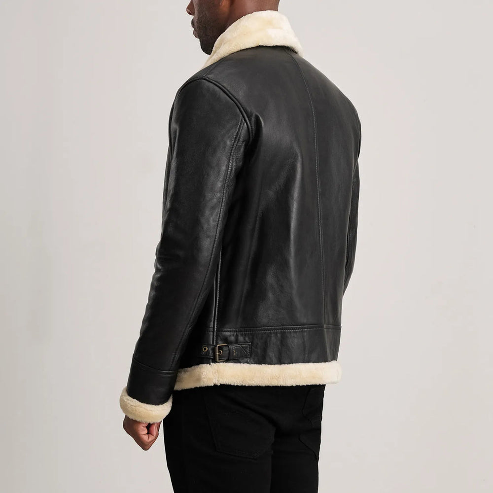 Bennett black and cream leather aviator jacket, back view — OX & ARMOR
