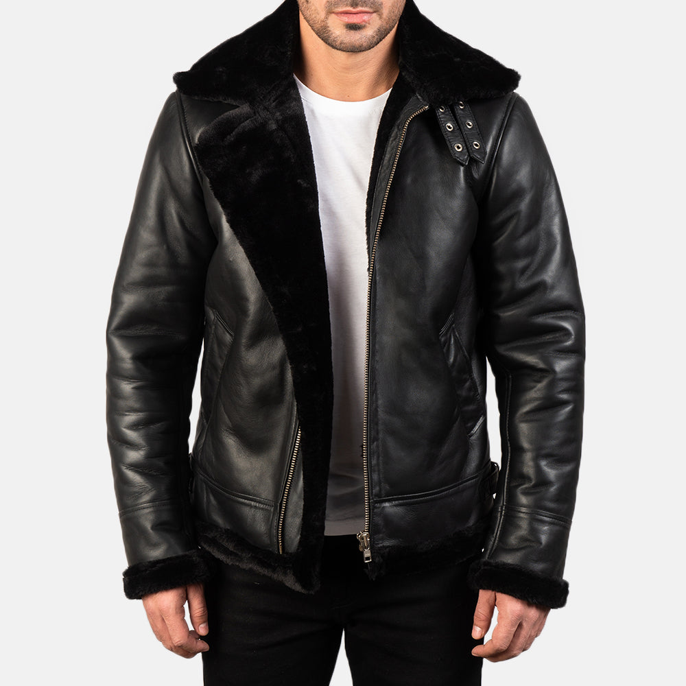 Bennett black leather aviator jacket, front view — OX & ARMOR