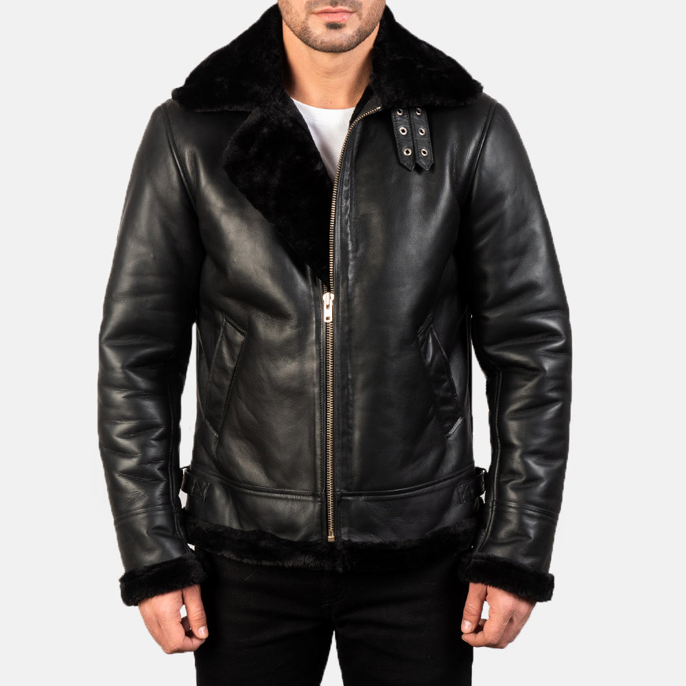Bennett black leather aviator jacket, detail view — OX & ARMOR