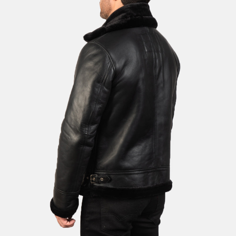 Bennett black leather aviator jacket, back view — OX & ARMOR
