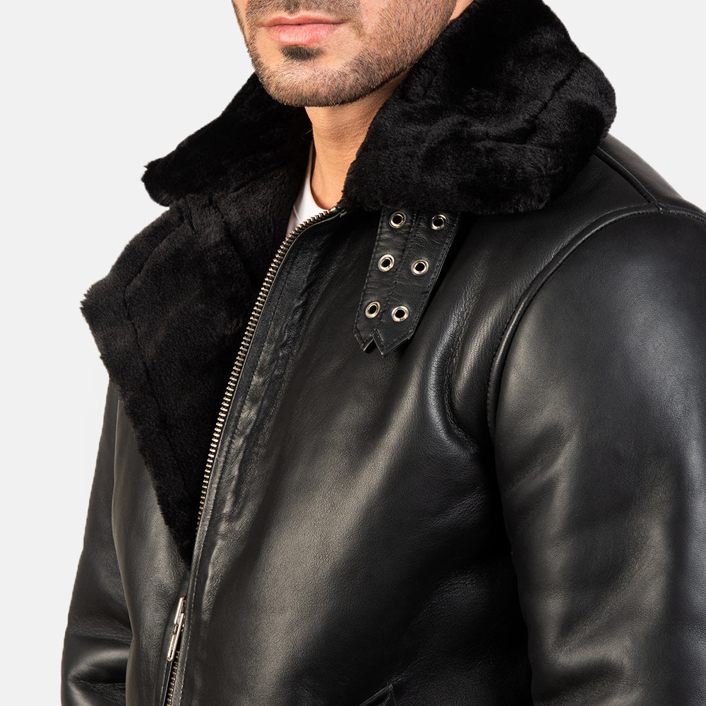 Bennett black leather aviator jacket, detail view — OX & ARMOR