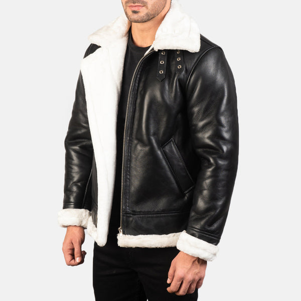 Bennett Black &amp; White Leather Aviator Jacket