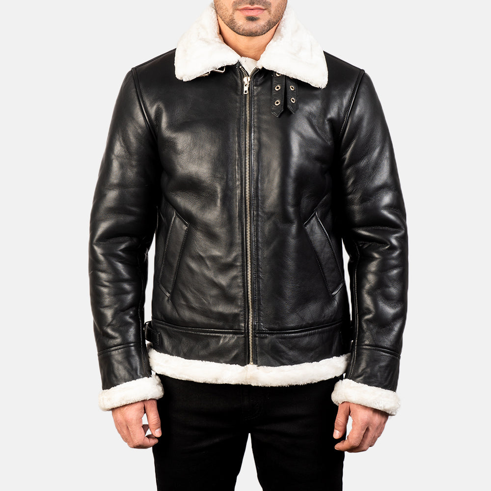 Bennett black and white leather aviator jacket, detail view — OX & ARMOR