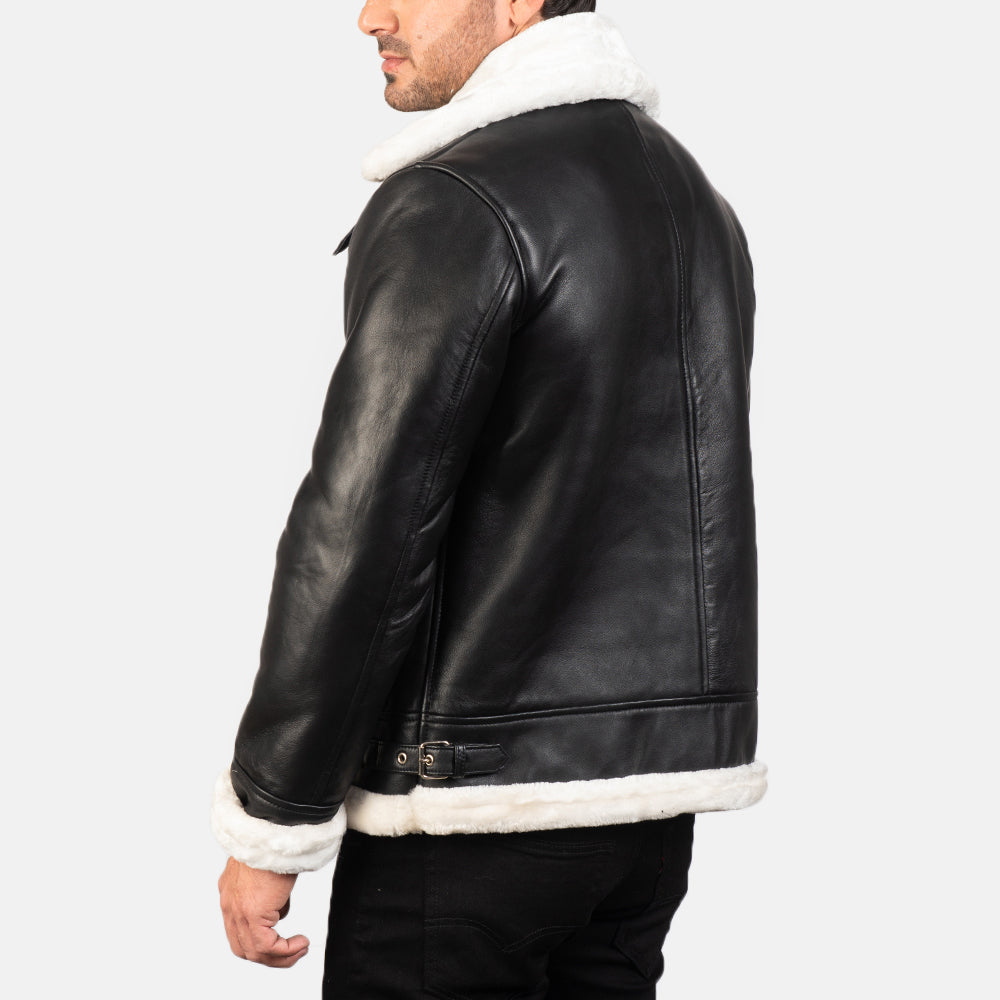 Bennett black and white leather aviator jacket, back view — OX & ARMOR