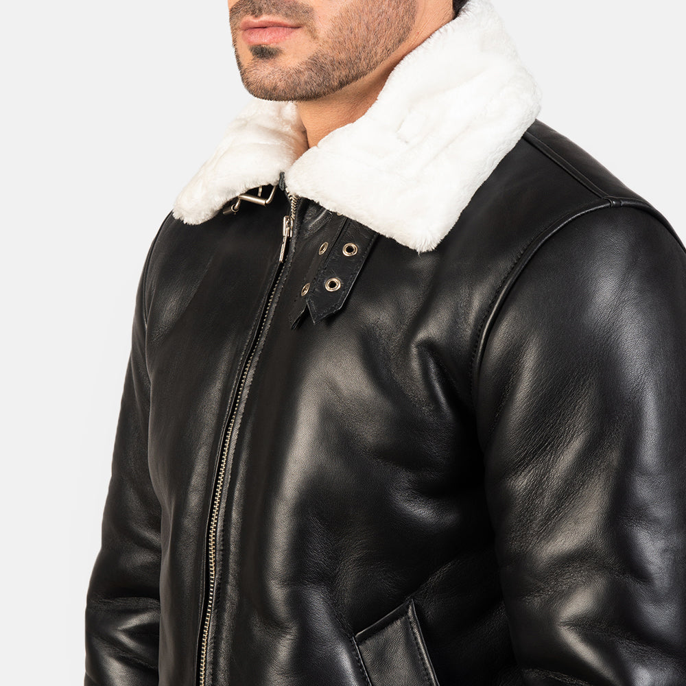 Bennett black and white leather aviator jacket, detail view — OX & ARMOR