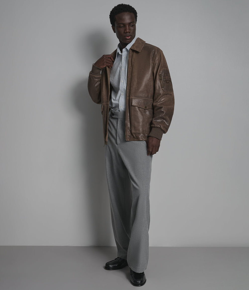 Brooks brown vintage leather bomber jacket, side view — OX & ARMOUR