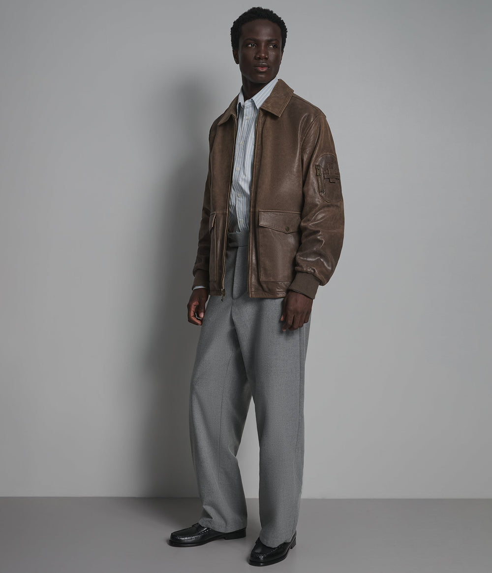 Brooks brown vintage leather bomber jacket, detail view — OX & ARMOUR