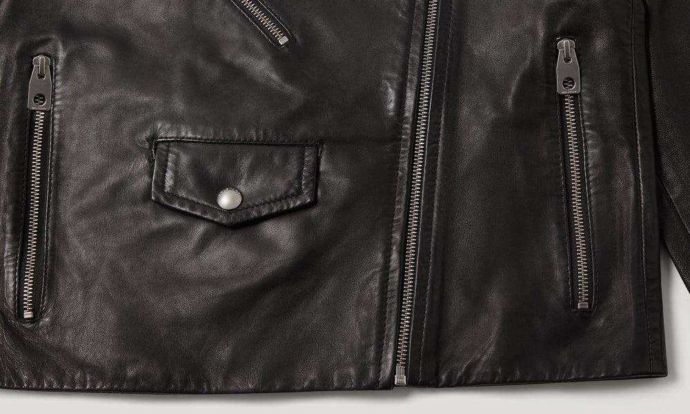 Camille black leather biker jacket, back view — OX & ARMOR