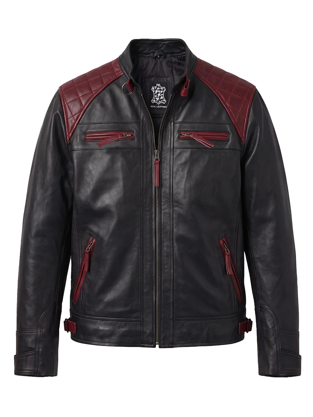 Cassian black leather biker jacket, detail view — OX & ARMOR
