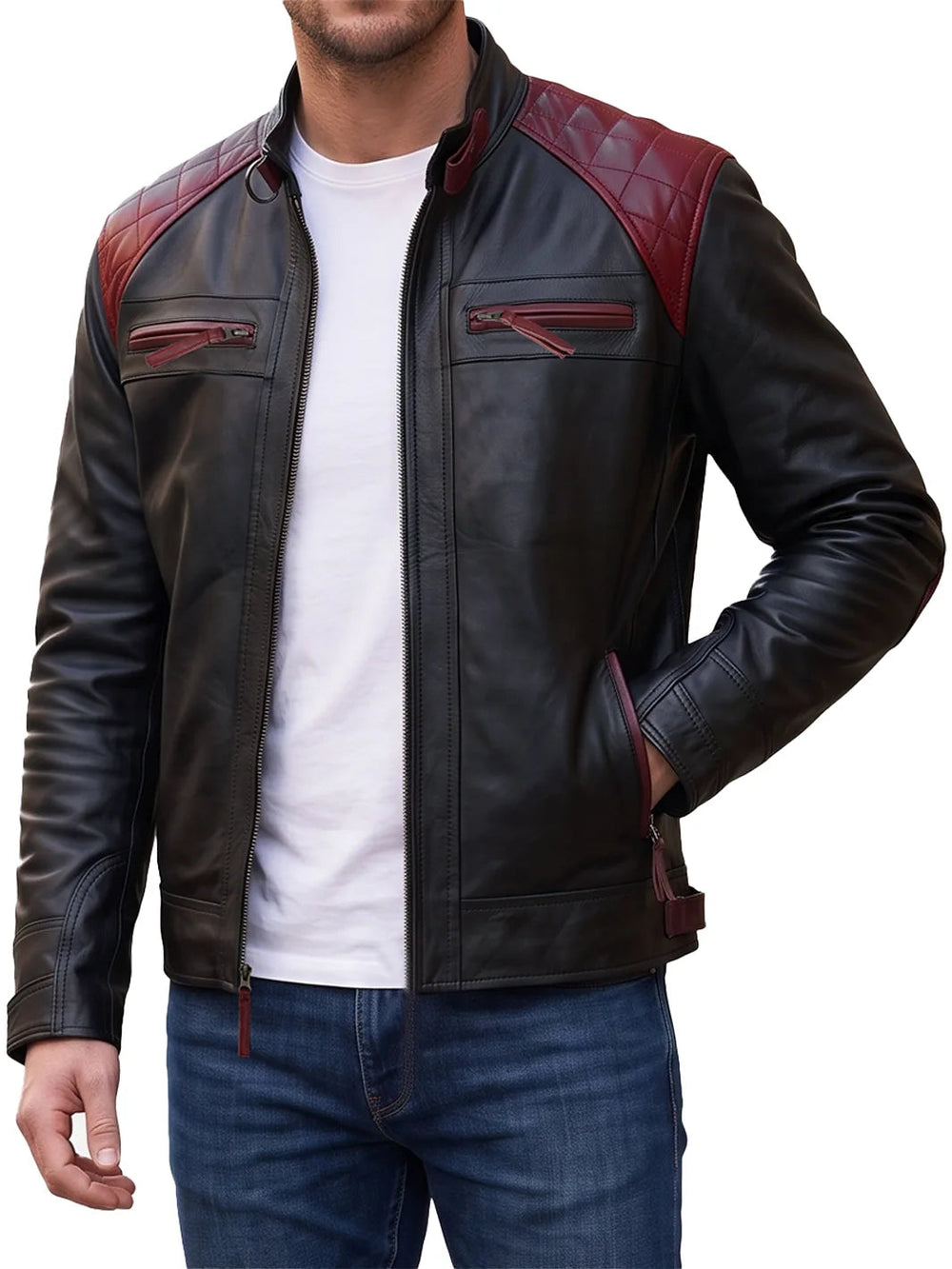 Cassian black leather biker jacket, front view — OX & ARMOR