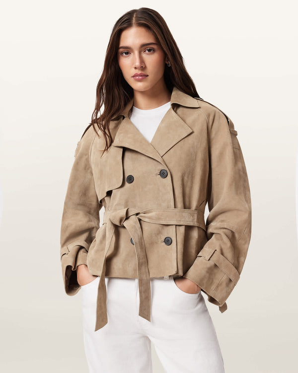 Colette Taupe Cropped Suede Trench Coat