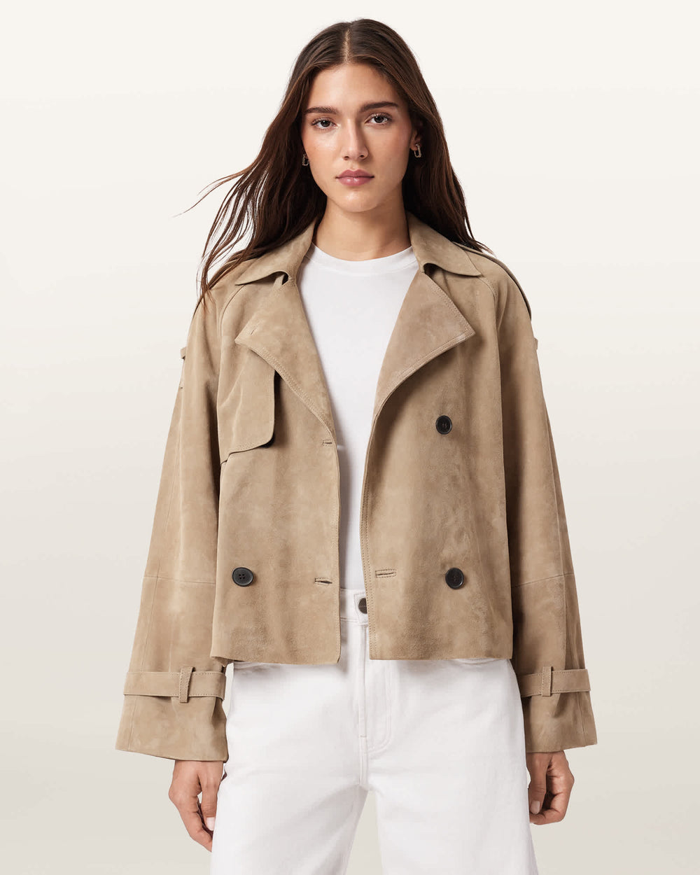 Colette taupe cropped suede trench coat, detail view — OX & ARMOR