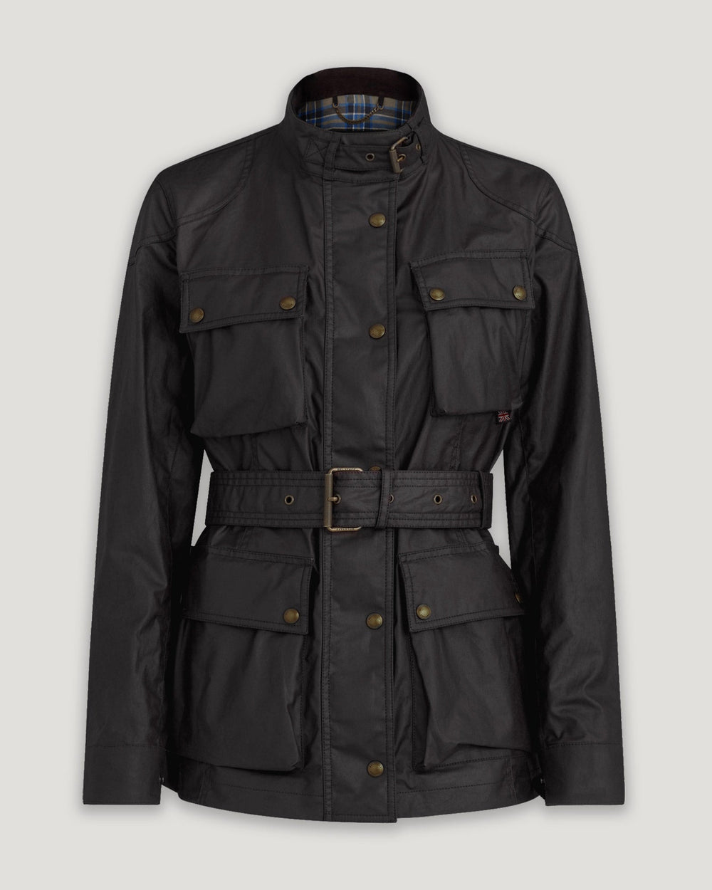 Delphine black waxed cotton biker jacket, front view — OX & ARMOR