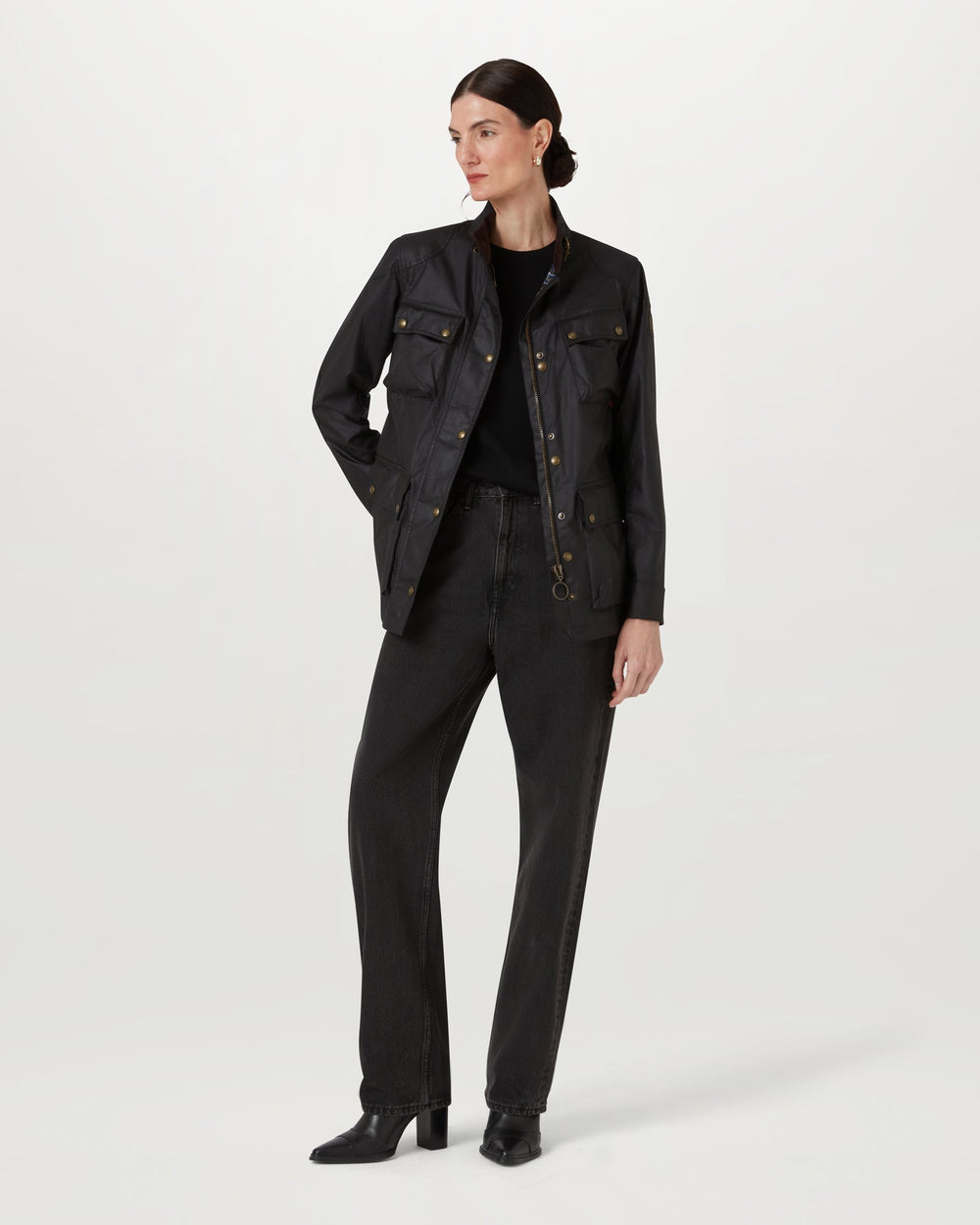Delphine black waxed cotton biker jacket, detail view — OX & ARMOR