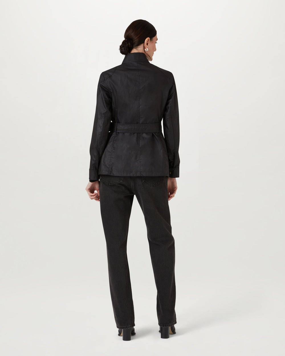 Delphine black waxed cotton biker jacket, detail view — OX & ARMOR
