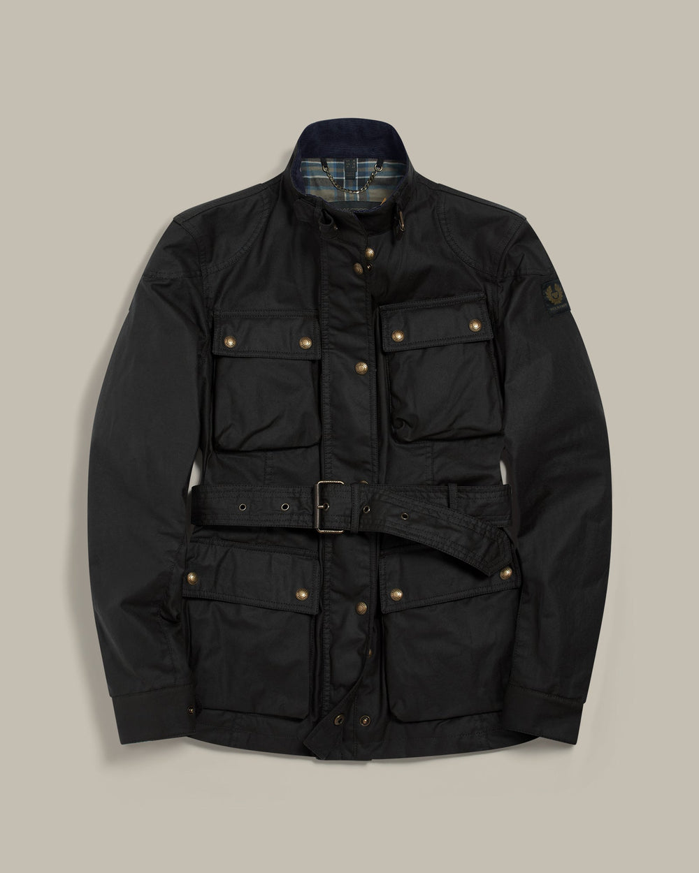 Delphine dark navy waxed cotton biker jacket, front view — OX & ARMOR