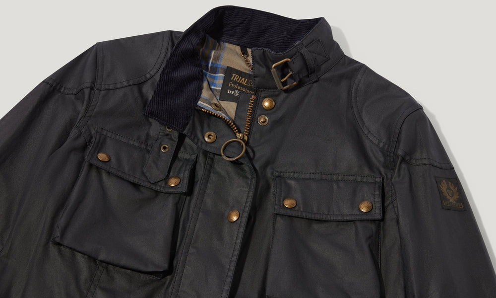 Delphine dark navy waxed cotton biker jacket, detail view — OX & ARMOR
