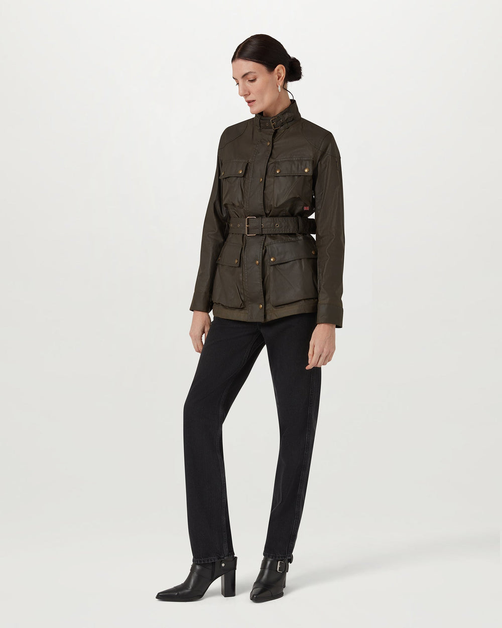 Delphine faded olive waxed cotton biker jacket, detail view — OX & ARMOR