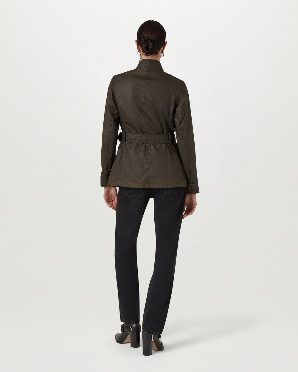 Delphine faded olive waxed cotton biker jacket, detail view — OX & ARMOR