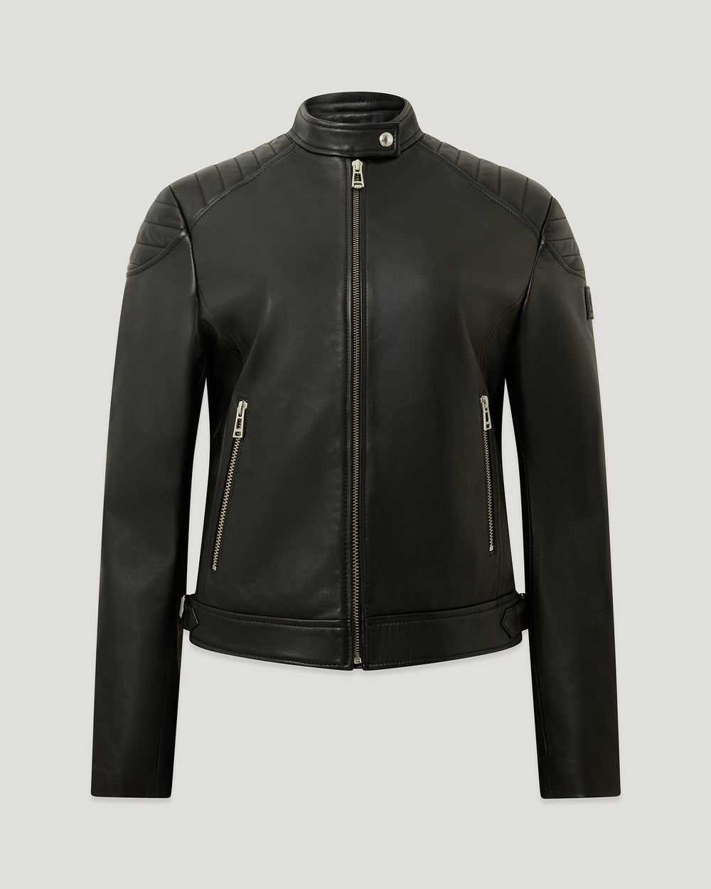 Elodie black leather biker jacket, front view — OX & ARMOR