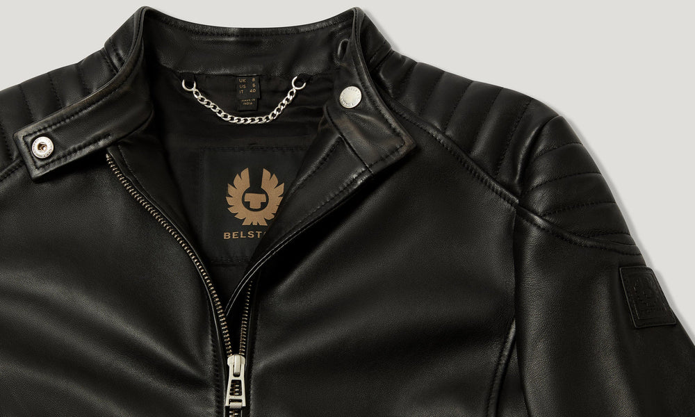 Elodie black leather biker jacket, back view — OX & ARMOR