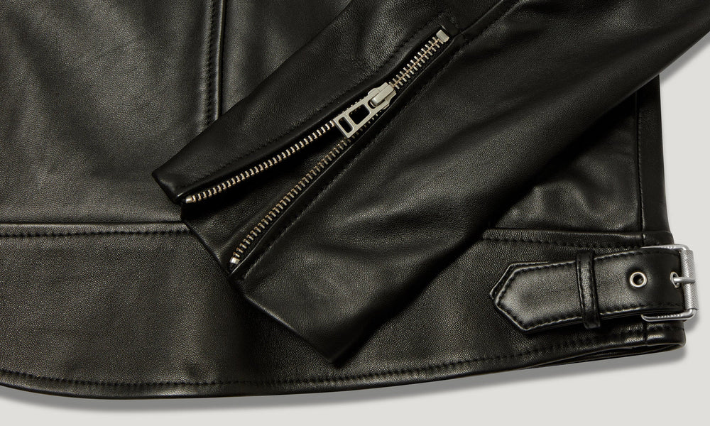 Elodie black leather biker jacket, detail view — OX & ARMOR