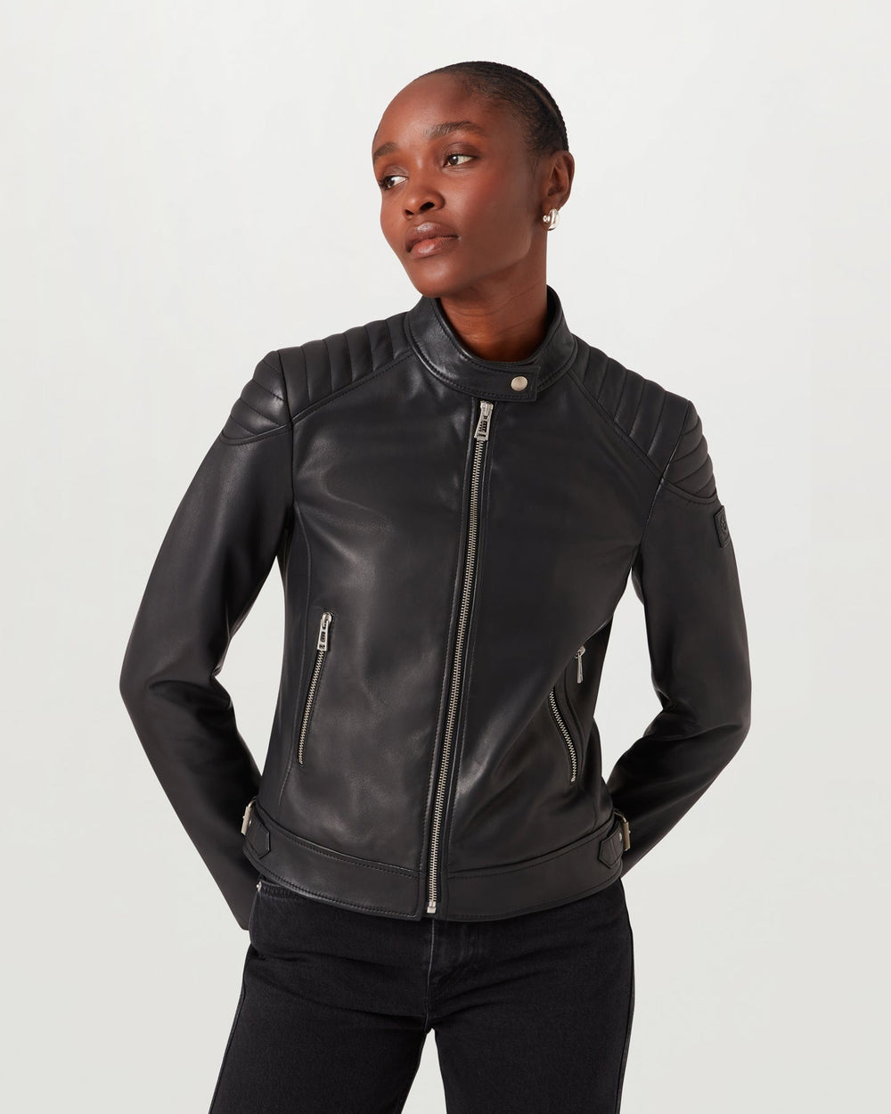 Elodie black leather biker jacket, detail view — OX & ARMOR