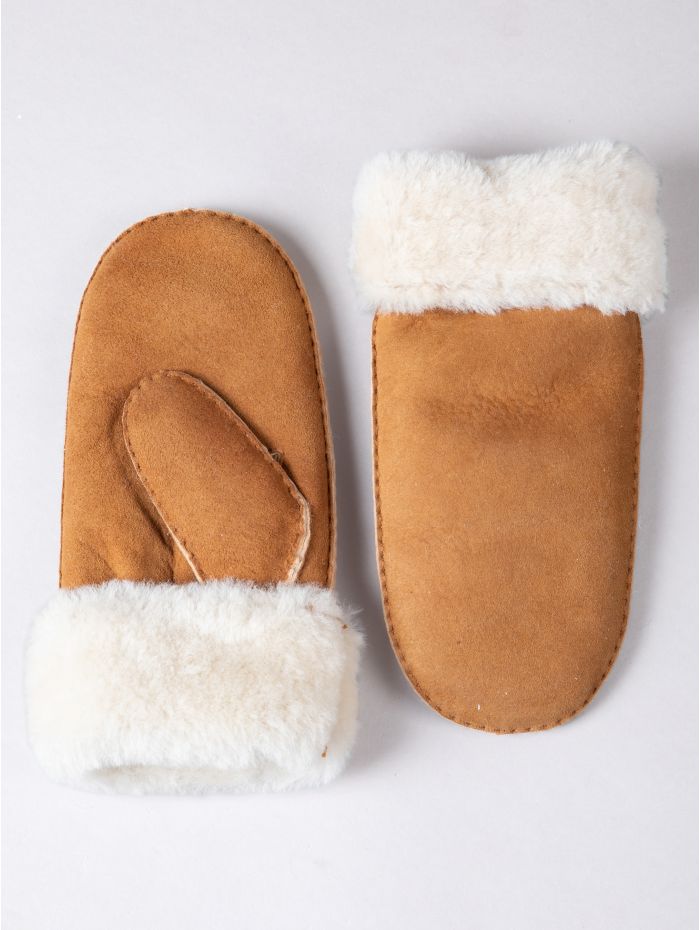 Elsie tan sheepskin mittens, front view — OX & ARMOR