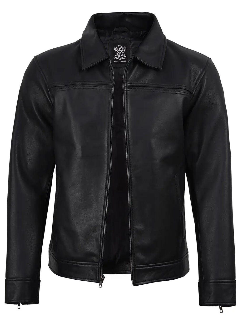 Emerson black leather harrington jacket, front view — OX & ARMOR