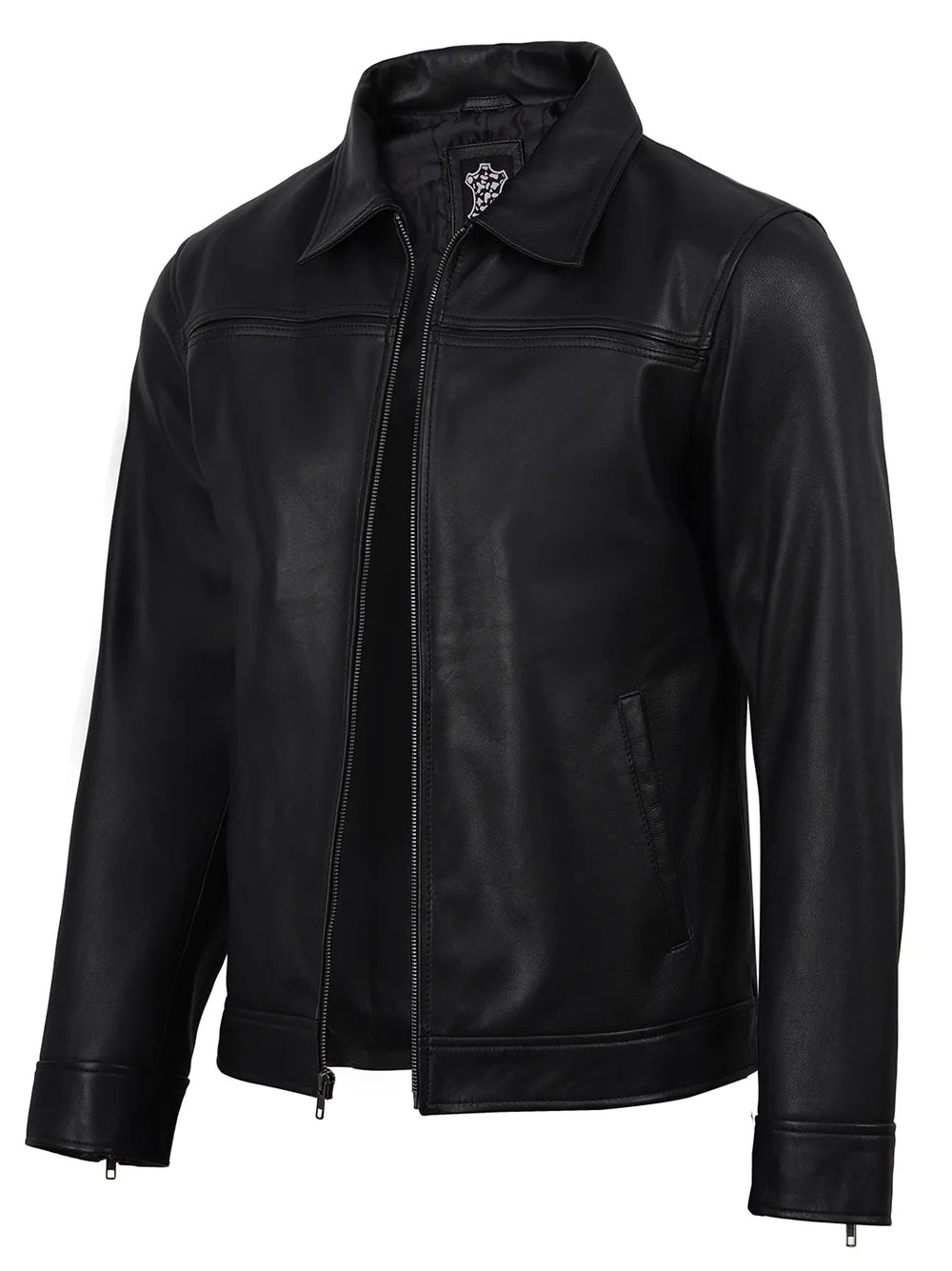 Emerson black leather harrington jacket, front view — OX & ARMOR