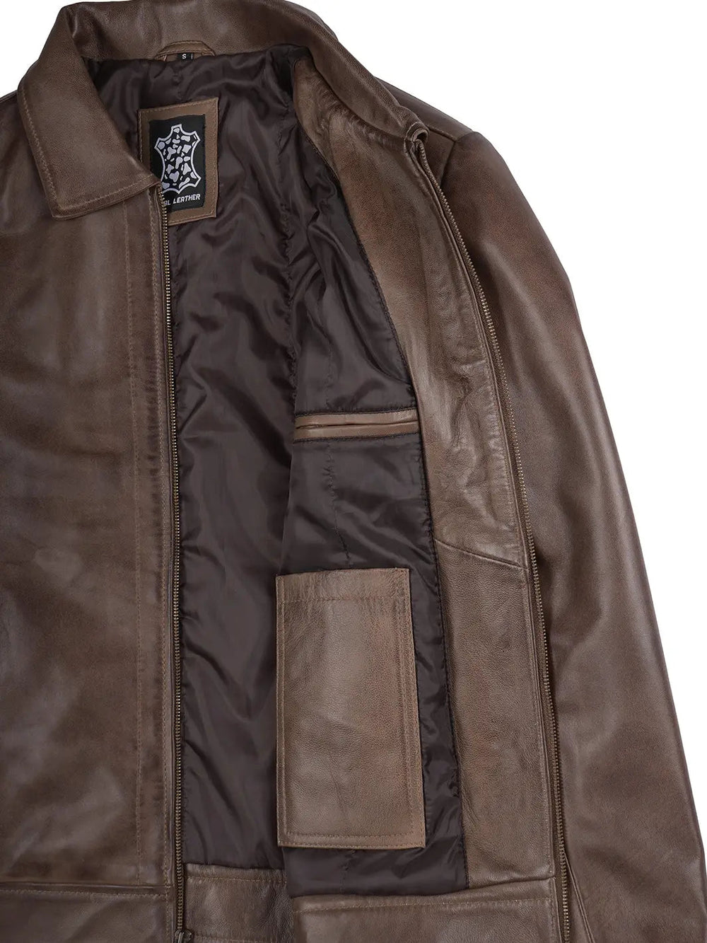 Everett chocolate brown leather harrington jacket, back view — OX & ARMOR