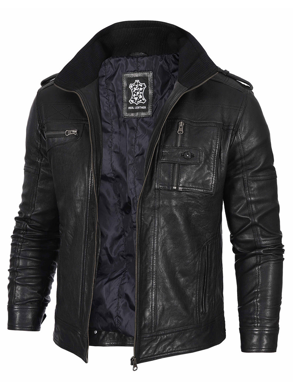 Flynn black waxed leather cafe racer jacket, front view — OX & ARMOR