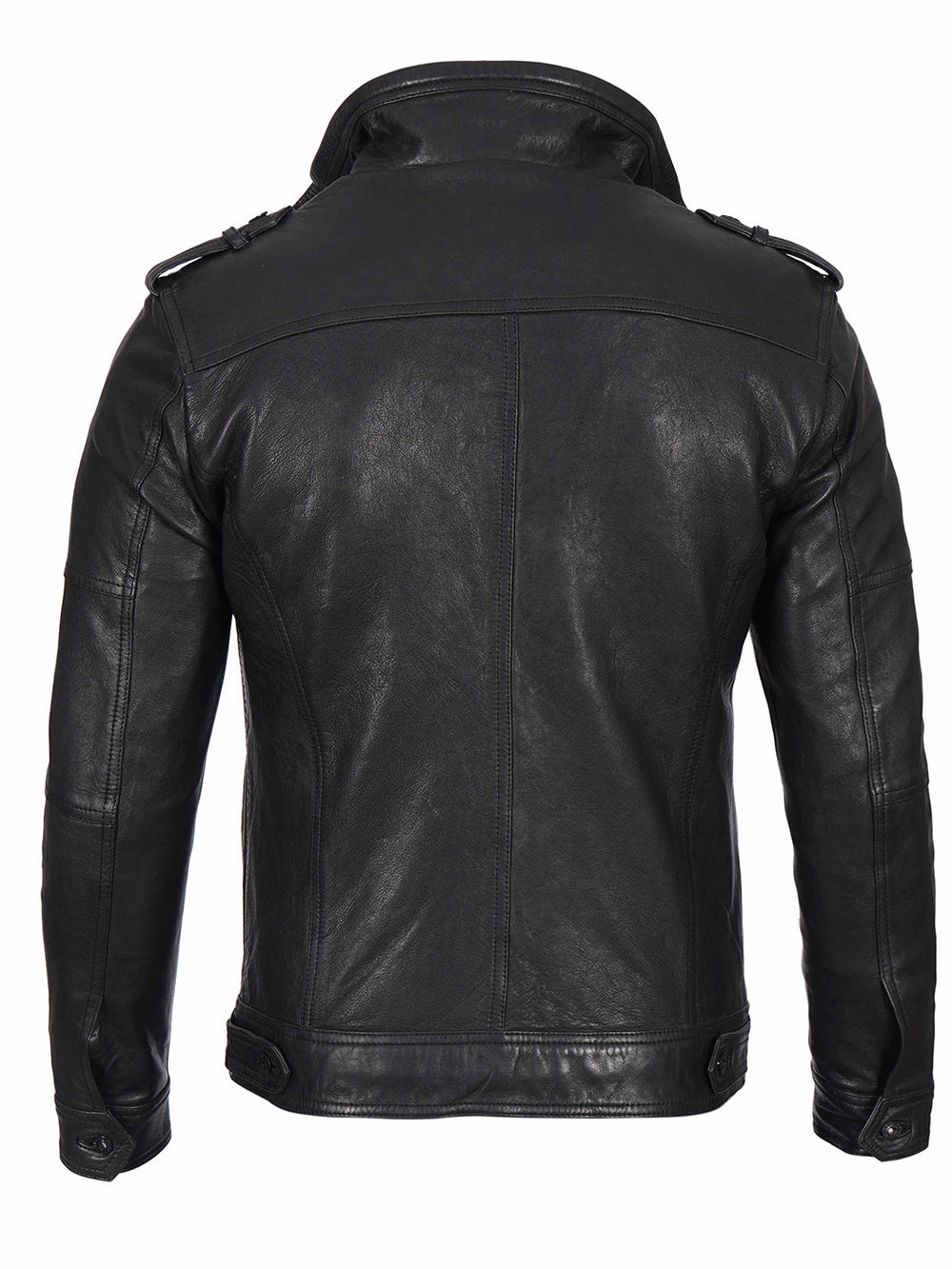 Flynn black waxed leather cafe racer jacket, waxed finish detail — OX & ARMOR
