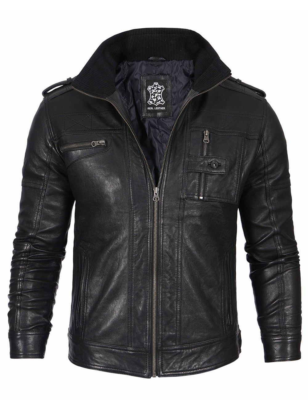 Flynn black waxed leather cafe racer jacket, detail view — OX & ARMOR