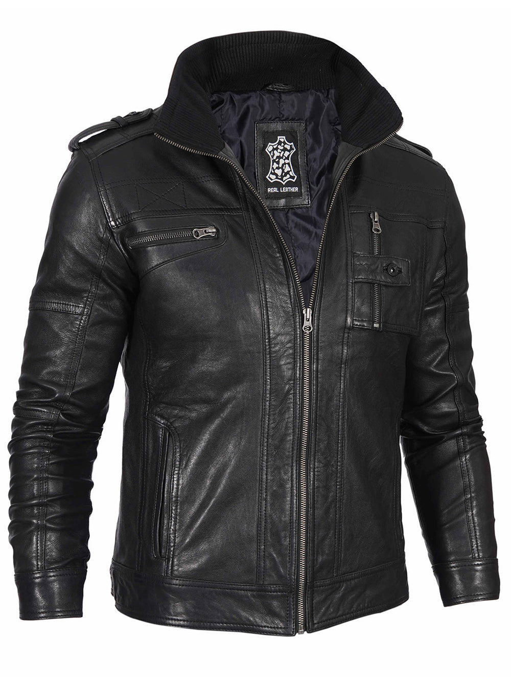 Flynn black waxed leather cafe racer jacket, back view — OX & ARMOR