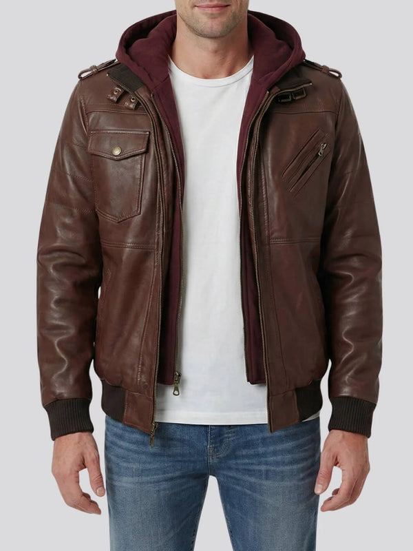 Griffin Dark Brown Hooded Leather Jacket