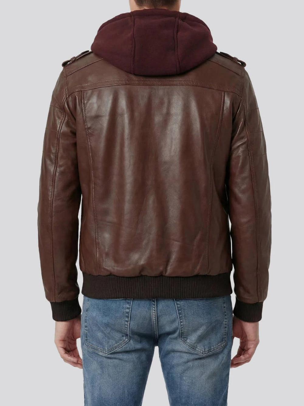 Griffin dark brown hooded leather jacket, back view — OX & ARMOR