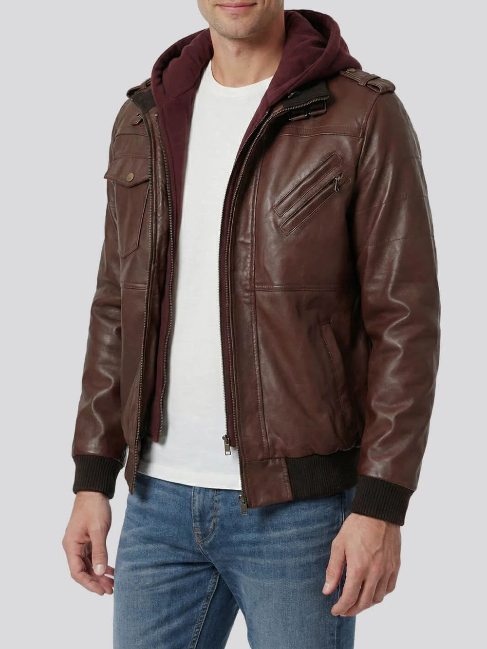 Griffin dark brown hooded leather jacket, side view — OX & ARMOR