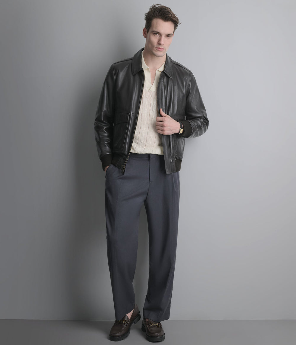 Halston brown leather bomber jacket, front view — OX & ARMOUR